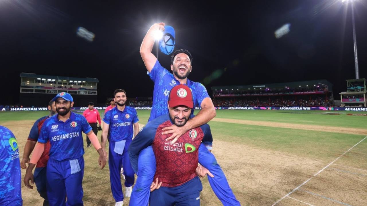 Gulbadin Naib is carried on his shoulders by Afghanistan's bowling coach Hamid Hassan, Afghanistan vs Australia, T20 World Cup, Super Eight, Group 1, Kingstown, June 22, 2024