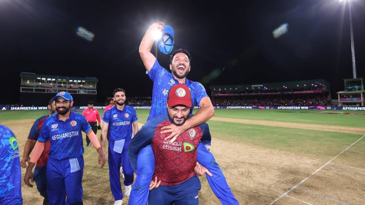 Gulbadin Naib is carried on his shoulders by Afghanistan's bowling coach Hamid Hassan, Afghanistan vs Australia, T20 World Cup, Super Eight, Group 1, Kingstown, June 22, 2024