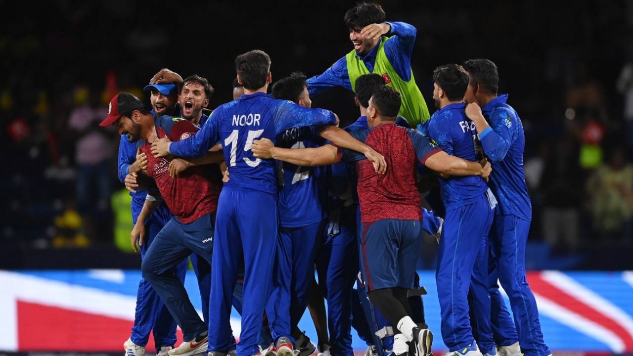 Afghanistan celebrate their first ever win over Australia, Afghanistan vs Australia, T20 World Cup, Super Eight, Group 1, Kingstown, June 22, 2024