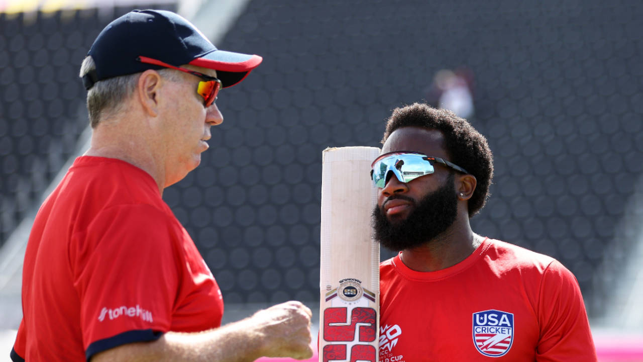 USA coach Stuart Law has a chat with Aaron Jones, England vs USA, T20 World Cup 2024, Super Eight, Bridgetown, Barbados, June 23, 2024