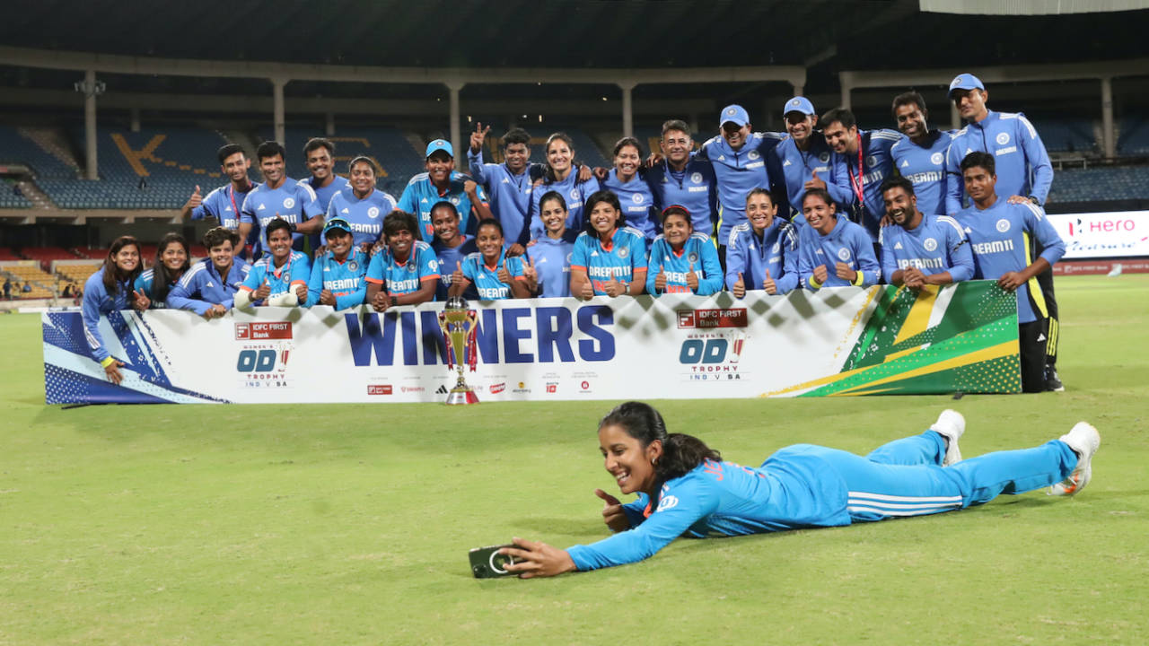 Jemimah Rodrigues takes a selfie of India's series-winning team lying down, India Women vs South Africa Women, 3rd ODI, Bengaluru, June 23, 2024