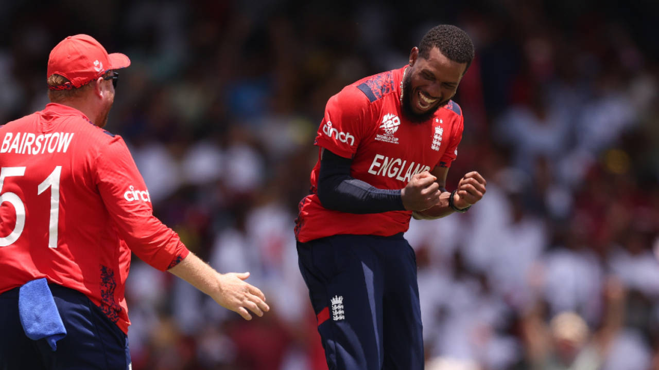 Chris Jordan celebrates the wicket of Saurabh Netravalkar to complete his hat-trick, England vs USA, T20 World Cup 2024, Super Eight, Bridgetown, Barbados, June 23, 2024