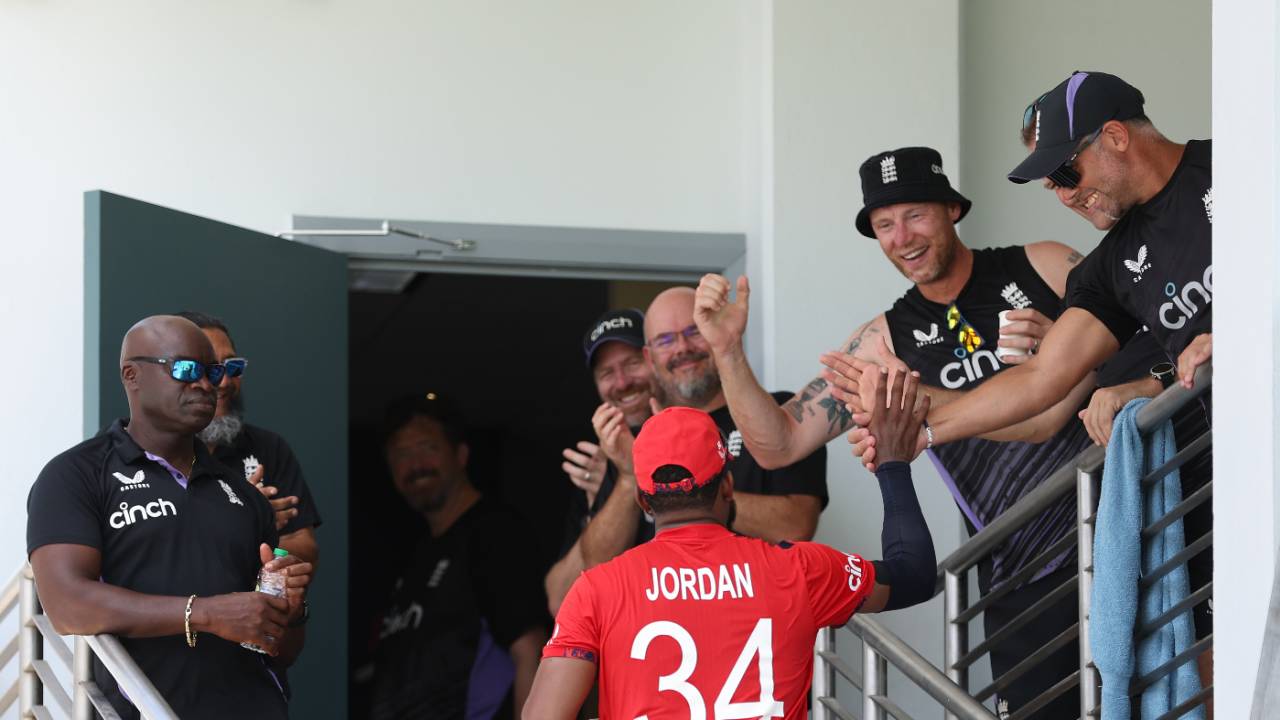 Chris Jordan is welcomed back into the dressing room after his four-wicket 19th over, England vs USA, T20 World Cup 2024, Super Eight, Bridgetown, Barbados, June 23, 2024