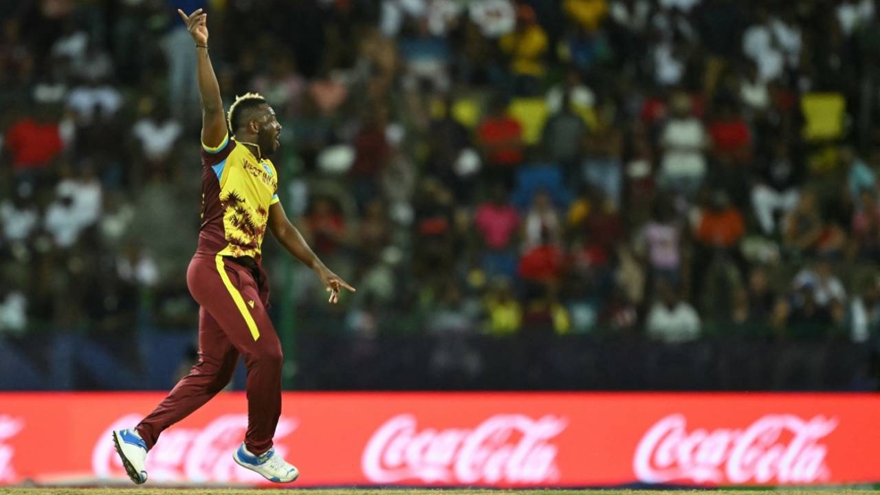 Andre Russell celebrates Reeza Hendricks' dismissal, West Indies vs South Africa, T20 World Cup 2024, Super Eight, North Sound, June 23, 2024