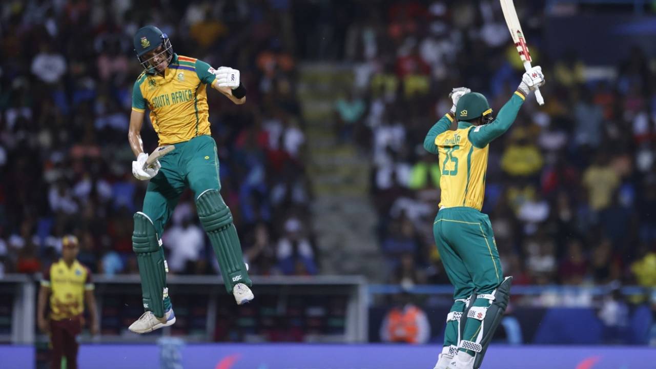 Marco Jansen and Kagiso Rabada celebrate the win, West Indies vs South Africa, T20 World Cup 2024, Super Eight, North Sound, June 23, 2024