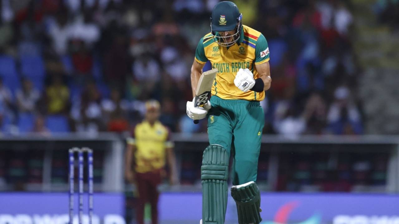 Marco Jansen is pumped up after taking South Africa home, West Indies vs South Africa, T20 World Cup 2024, Super Eight, North Sound, June 23, 2024