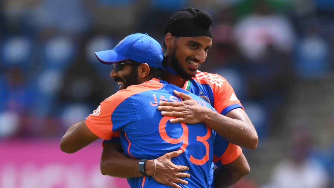Arshdeep Singh and Jasprit Bumrah celebrate the fall of Tim David, Australia vs India, T20 World Cup Super Eight, Gros Islet, June 24, 2024