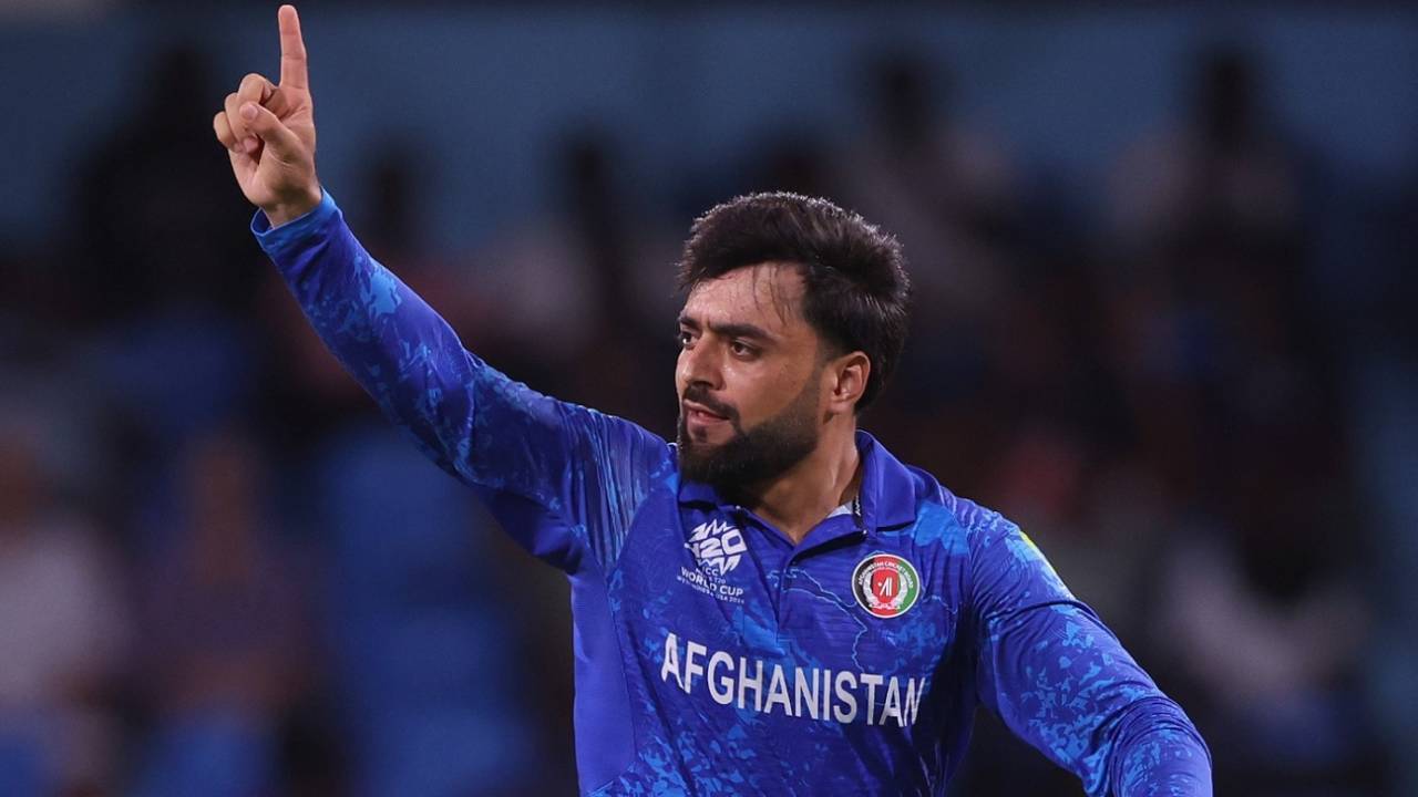 Rashid Khan celebrates after dismissing Soumya Sarkar, Afghanistan vs Bangladesh, Super Eight, Men's T20 World Cup 2024, Kingstown, June 24, 2024