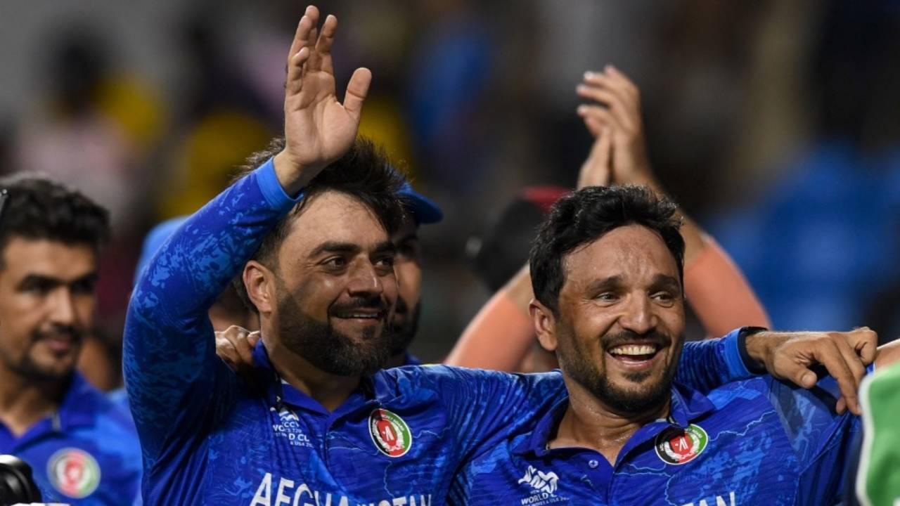 Rashid Khan and Gulbadin Naib soak in Afghanistan's historic win, Afghanistan vs Bangladesh, Super Eight, Group 1, Men's T20 World Cup 2024, Kingstown, June 24, 2024