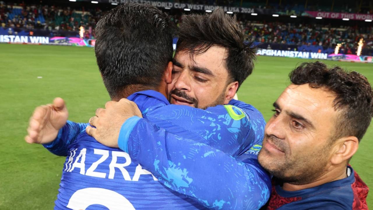 Rashid Khan and Hazratullah Zazai are jubilant after Afghanistan's win over Bangladesh, Afghanistan vs Bangladesh, Super Eight, Group 1, Men's T20 World Cup 2024, Kingstown, June 25, 2024