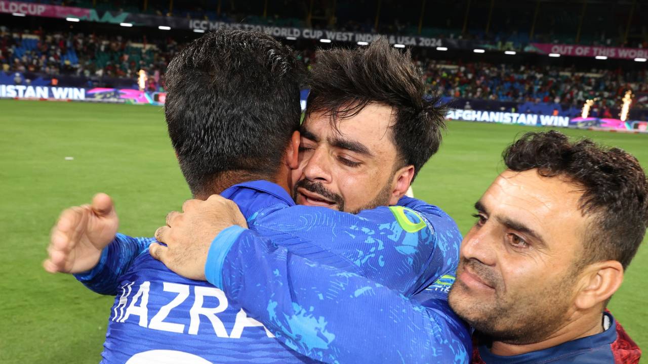 Rashid Khan and Hazratullah Zazai are jubilant after Afghanistan's win over Bangladesh, Afghanistan vs Bangladesh, Super Eight, Group 1, Men's T20 World Cup 2024, Kingstown, June 25, 2024