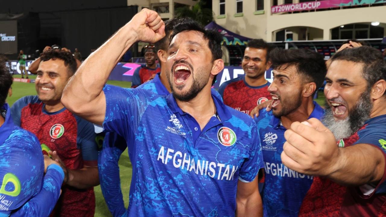Gulbadin Naib celebrates with his team-mates, Afghanistan vs Bangladesh, Super Eight, Group 1, Men's T20 World Cup 2024, Kingstown, June 25, 2024