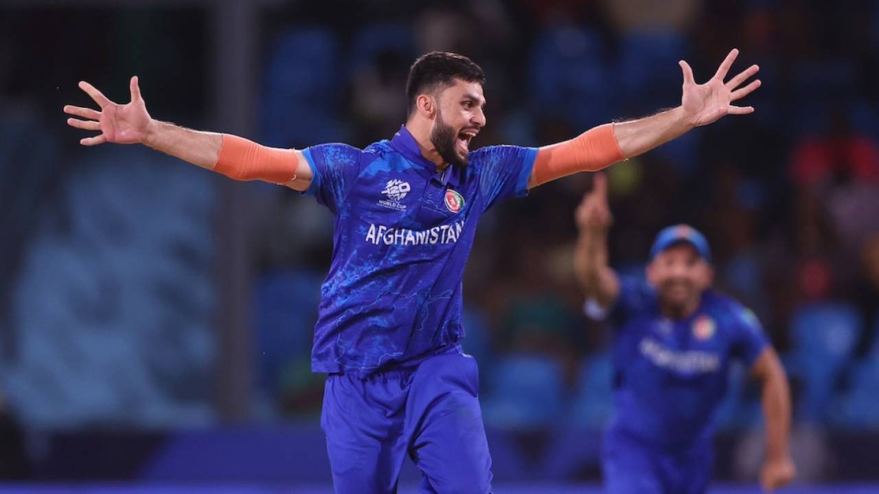 Naveen-ul-Haq celebrates the final wicket, Afghanistan vs Bangladesh, Super Eight, T20 World Cup, St Vincent, June 24, 2024
