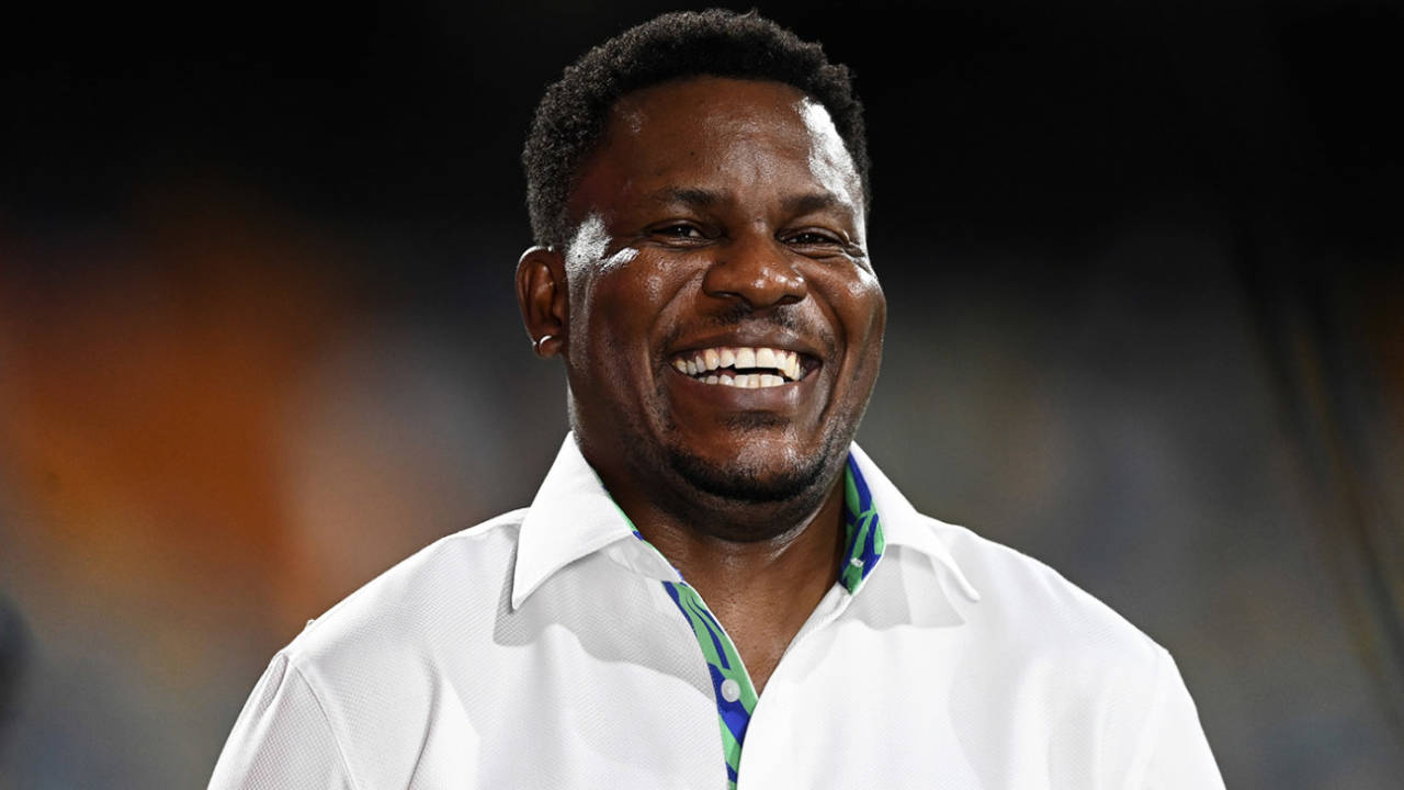 Pommie Mbangwa smiles, T20 World Cup 2024, Bridgetown, June 4, 2024