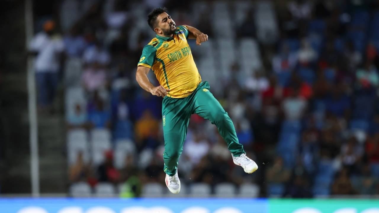 Tabraiz Shamsi celebrates dismissing Karim Janat, Afghanistan vs South Africa, 1st semi-final, Tarouba, T20 World Cup, June 26, 2024