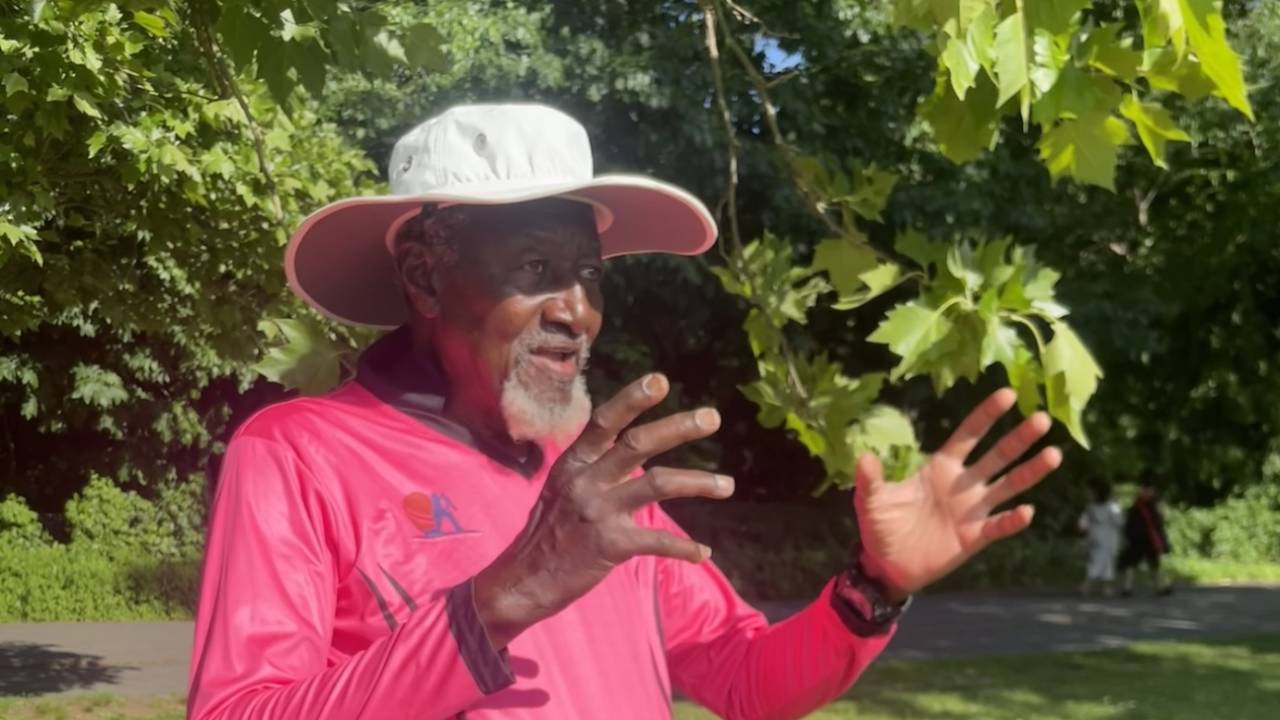 Steve Bucknor gestures, Van Cortlandt Park, New York, June 2024