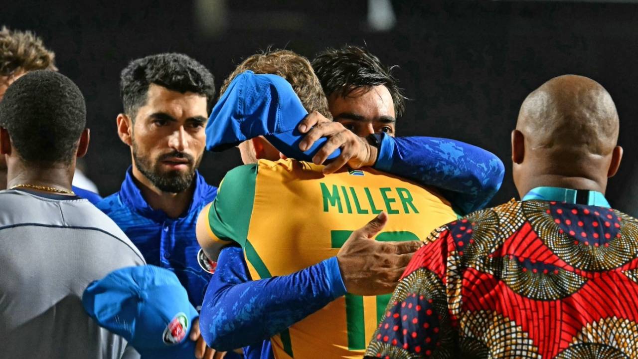 Rashid Khan embraces his IPL team-mate David Miller, Afghanistan vs South Africa, 1st semi-final, Tarouba, T20 World Cup, June 26, 2024