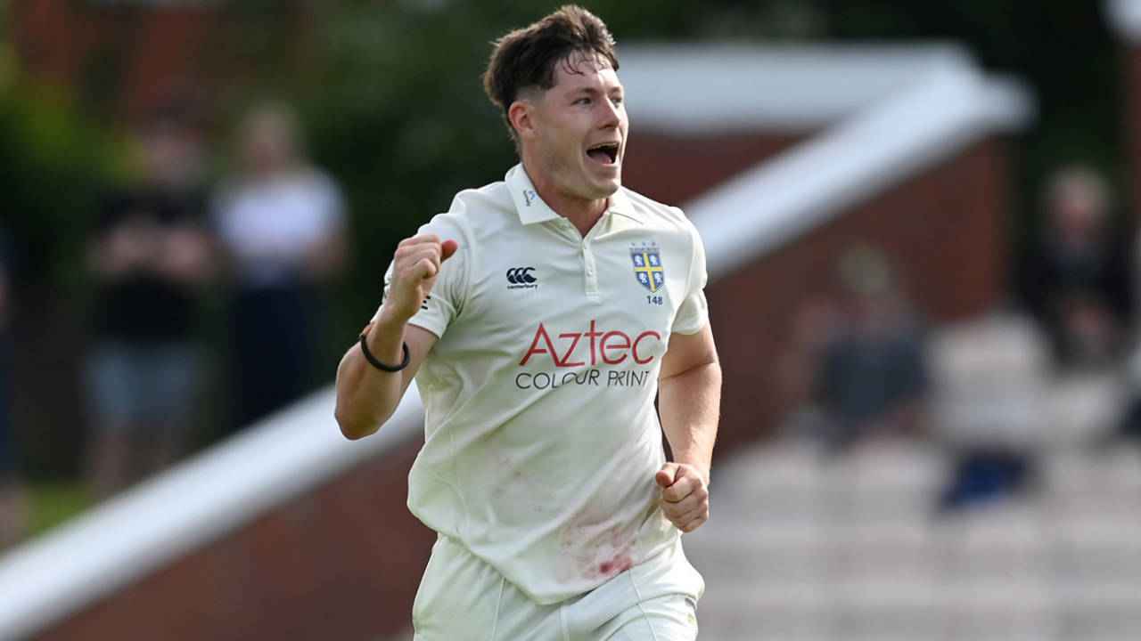 Matthew Potts celebrates a breakthrough, Lancashire vs Durham, County Championship, Blackpool, May 17, 2024
