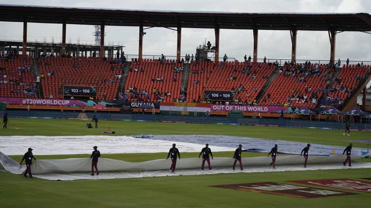 Stop-start rain meant the ground staff remained active, England vs India, T20 World Cup semi-final, Providence, Guyana, June 27, 2024