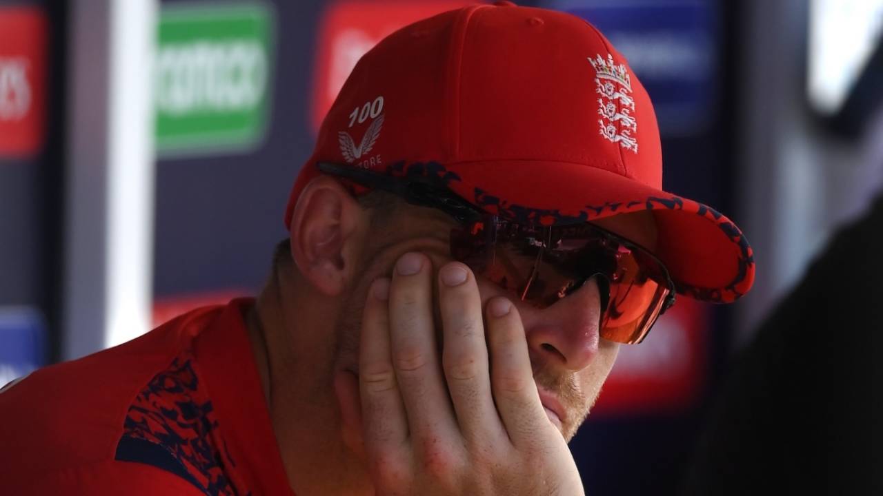 Jos Buttler looks on from the dugout as England's title defence goes up in smoke, England vs India, T20 World Cup semi-final, Providence, Guyana, June 27, 2024
