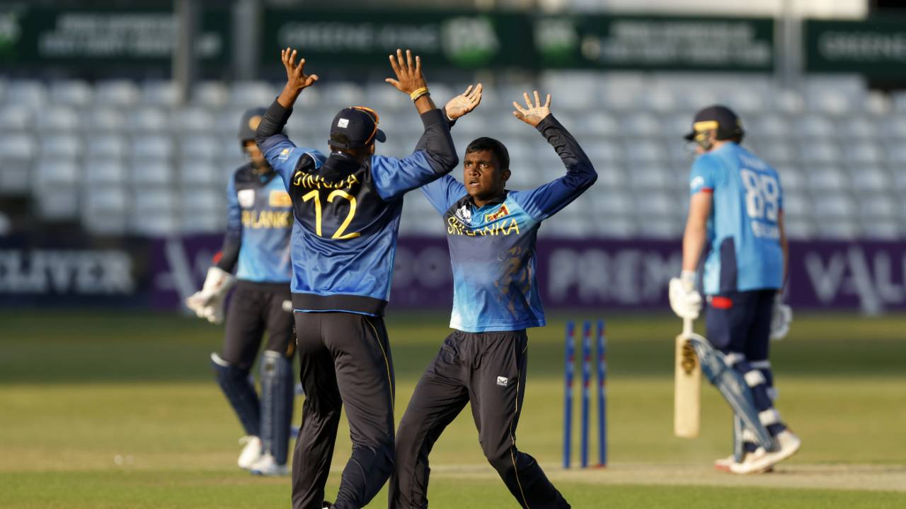 Praveen Maneesha claimed the key wicket of Noah Thain, England vs Sri Lanka, 1st Youth ODI, Chelmsford, June 28, 2024