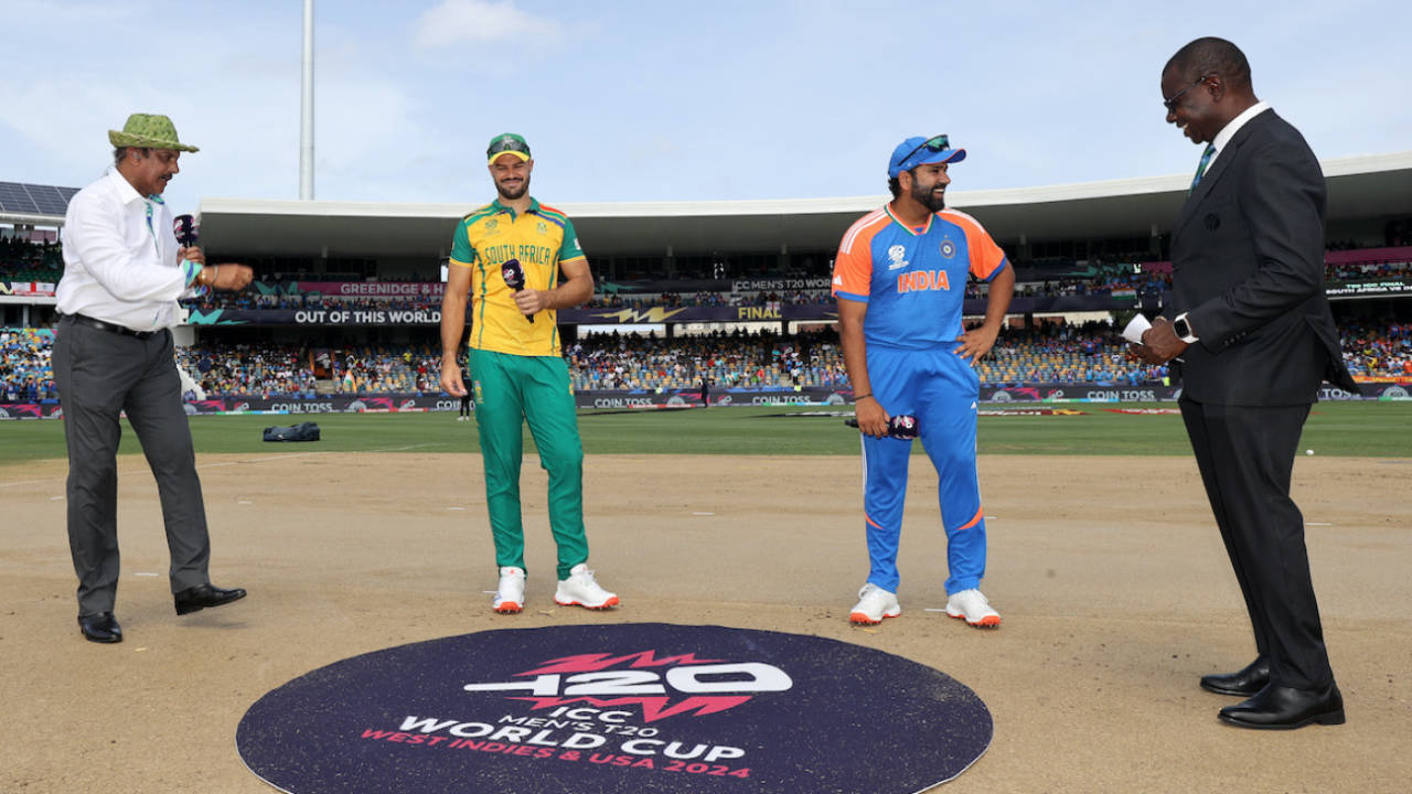 Ravi Shastri entertains Aiden Markram, Rohit Sharma and Richie Richardson at the toss, India vs South Africa, T20 World Cup final, Bridgetown, Barbados, June 29, 2024