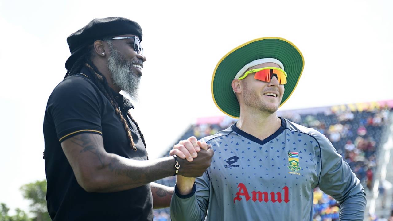 Chris Gayle catches up with David Miller before the final, India vs South Africa, T20 World Cup final, Bridgetown, Barbados, June 29, 2024