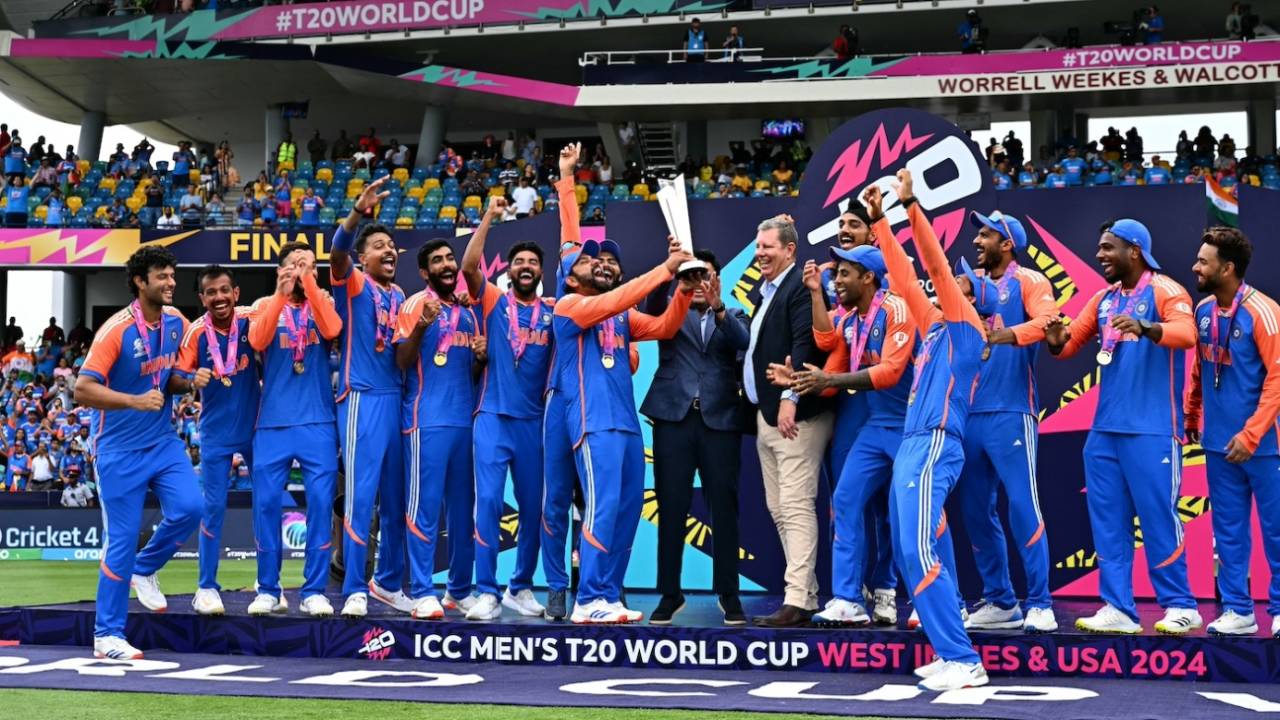 Rohit Sharma holds the T20 World Cup trophy aloft, and the celebrations begin, India vs South Africa, T20 World Cup final, Bridgetown, Barbados, June 29, 2024