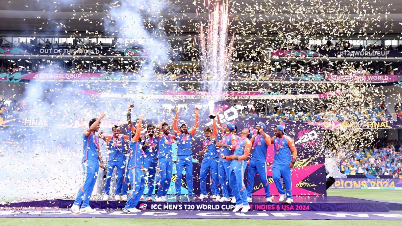 The confetti comes down on the triumphant India players, India vs South Africa, T20 World Cup final, Bridgetown, Barbados, June 29, 2024