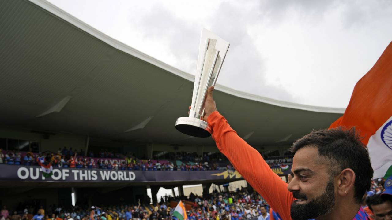 Virat Kohli with the coveted T20 World Cup trophy, India vs South Africa, T20 World Cup final, Bridgetown, Barbados, June 29, 2024