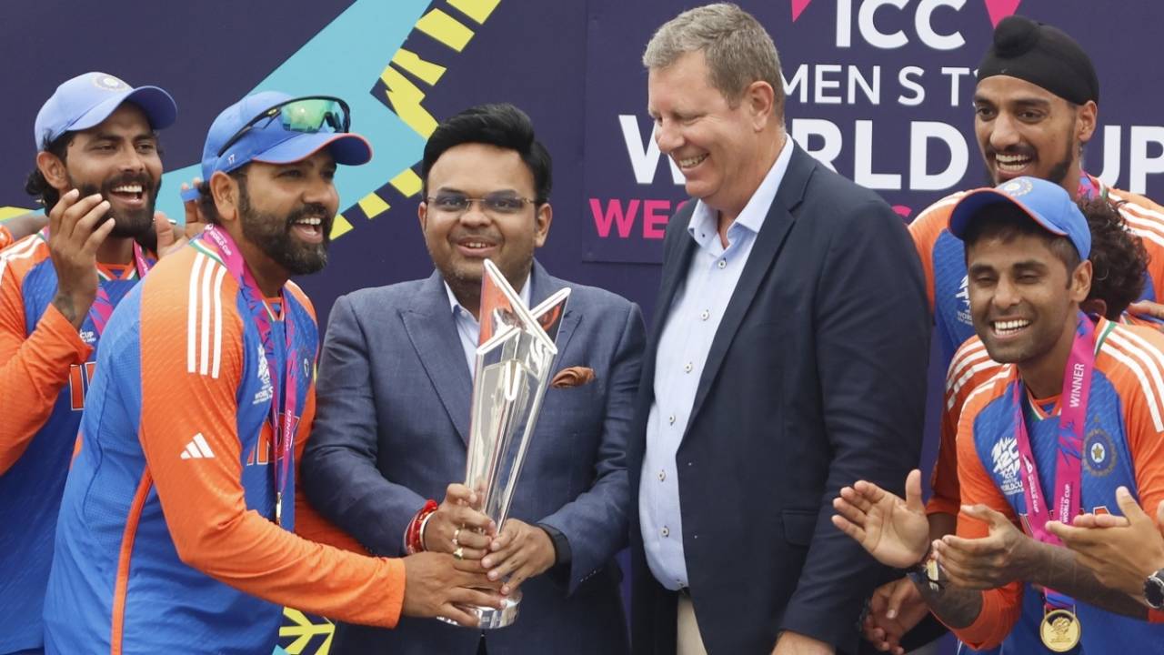 Rohit Sharma collects the trophy from Jay Shah, India vs South Africa, T20 World Cup final, Bridgetown, Barbados, June 29, 2024
