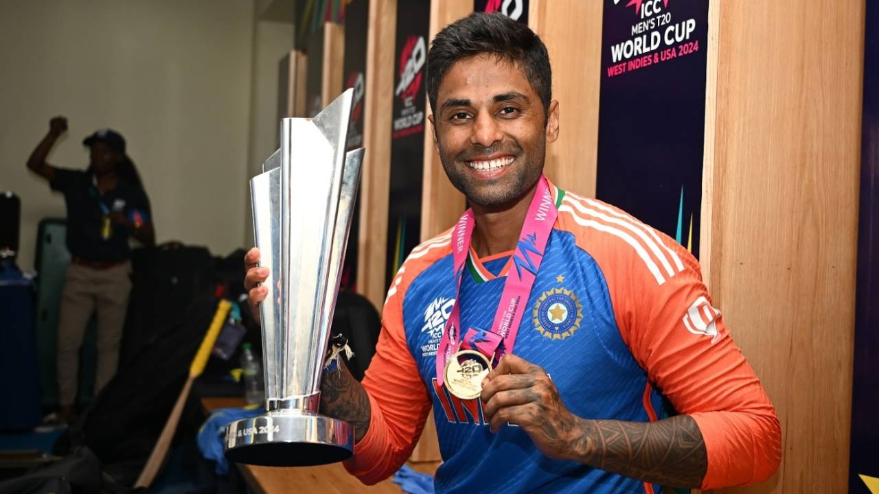 Suryakumar Yadav is all smiles with the T20 World Cup trophy and the winners' medal, India vs South Africa, T20 World Cup final, Bridgetown, Barbados, June 29, 2024