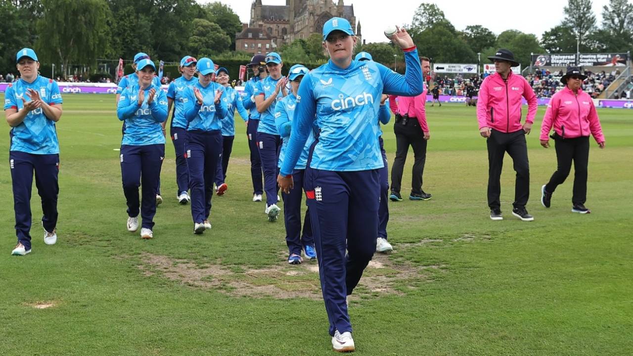 Sophie Ecclestone leads the team out after her second ODI five-wicket haul, England vs New Zealand, 2nd Women's ODI, Worcester, June 30, 2024