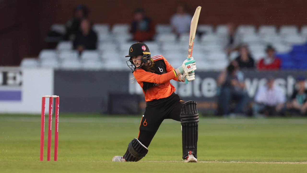 Sarah Bryce unleashes a drive, The Blaze vs South East Stars, Charlotte Edwards Cup final, Derby, June 22, 2024