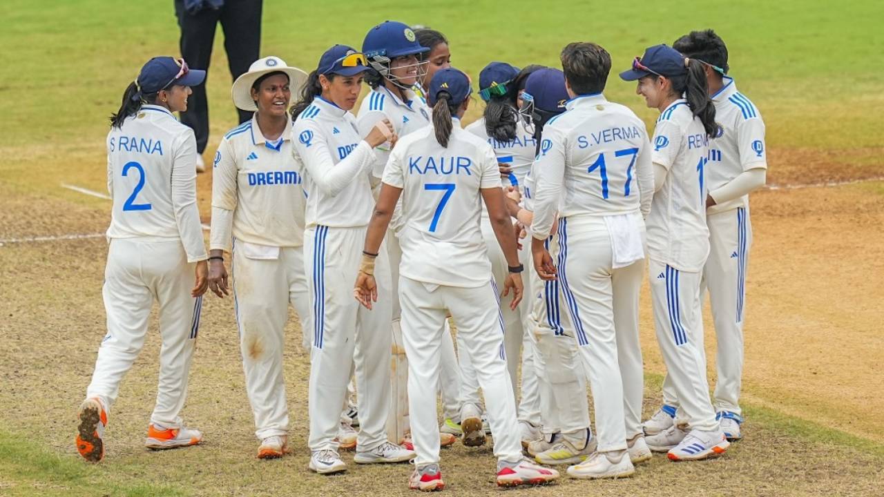 The Indian team celebrate after seeing the back of Laura Wolvaardt, India vs South Africa, Only women's Test, 4th day, Chennai, July 1, 2024