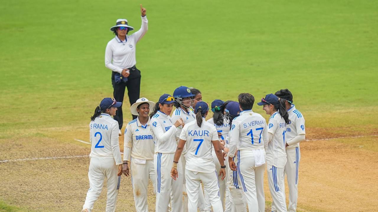 The Indian team celebrate after seeing the back of Laura Wolvaardt, India vs South Africa, Only women's Test, 4th day, Chennai, July 1, 2024
