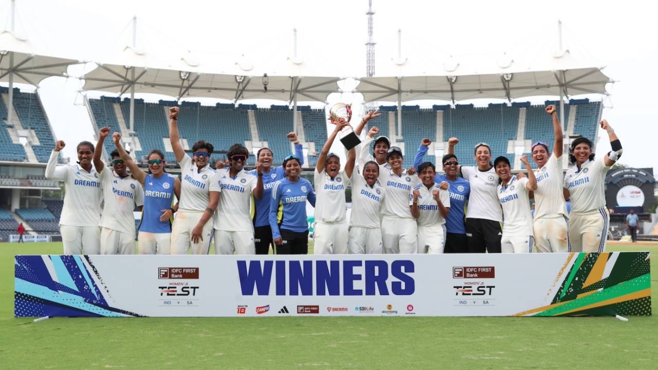 A jubilant Indian team celebrates the 10-wicket win, India vs South Africa, Only women's Test, 4th day, Chennai, July 1, 2024