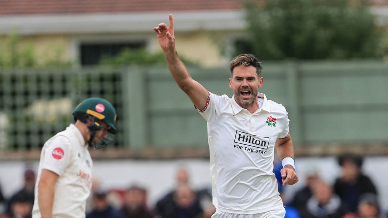 James Anderson celebrates a wicket, Lancashire vs Nottinghamshire, County Championship, Division One, July 2, 2024