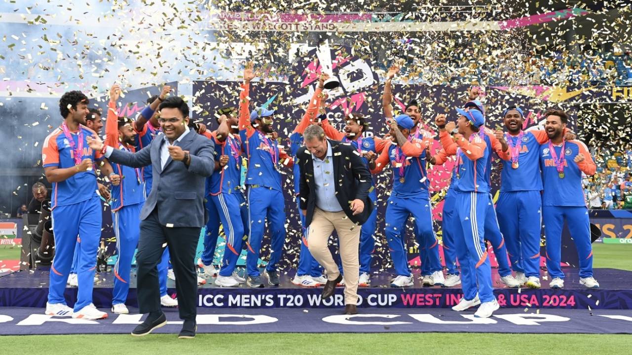BCCI secretary Jay Shah and ICC cheif Greg Barclay get out of the way for India to celebrate their World Cup win on the podium, India vs South Africa, T20 World Cup final, Bridgetown, Barbados, June 29, 2024