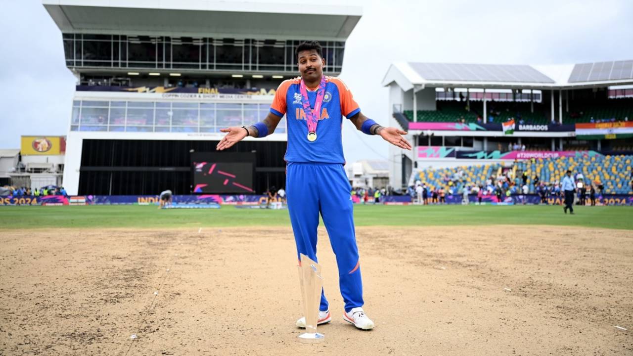 Hardik Pandya with the World Cup trophy, India vs South Africa, T20 World Cup final, Bridgetown, Barbados, June 29, 2024