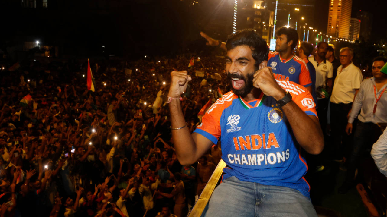 India's Player of the Tournament Jasprit Bumrah lets out a roar at the World Cup after-party, Mumbai, July 4, 2024