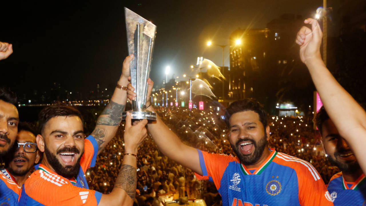 India's main men: Virat Kohli and Rohit Sharma with the T20 World Cup trophy, Mumbai, July 4, 2024