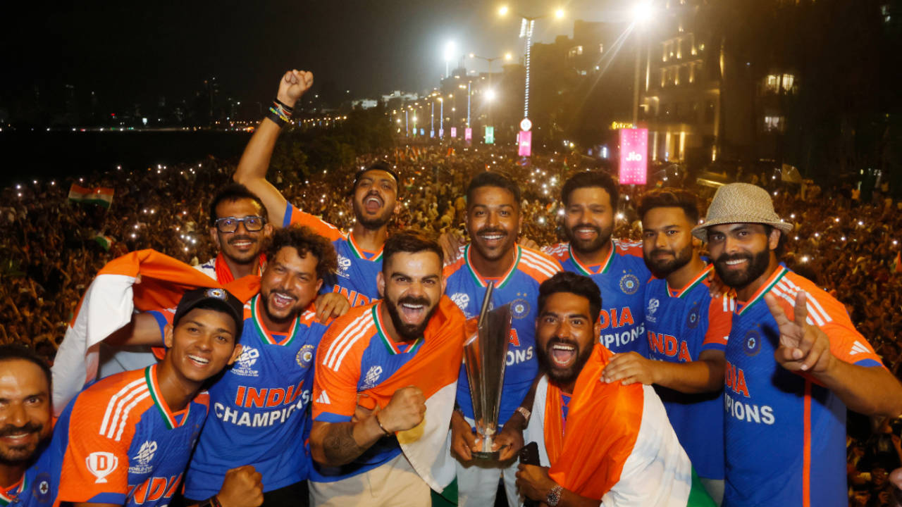 India celebrate on their open-top bus, Mumbai, July 4, 2024