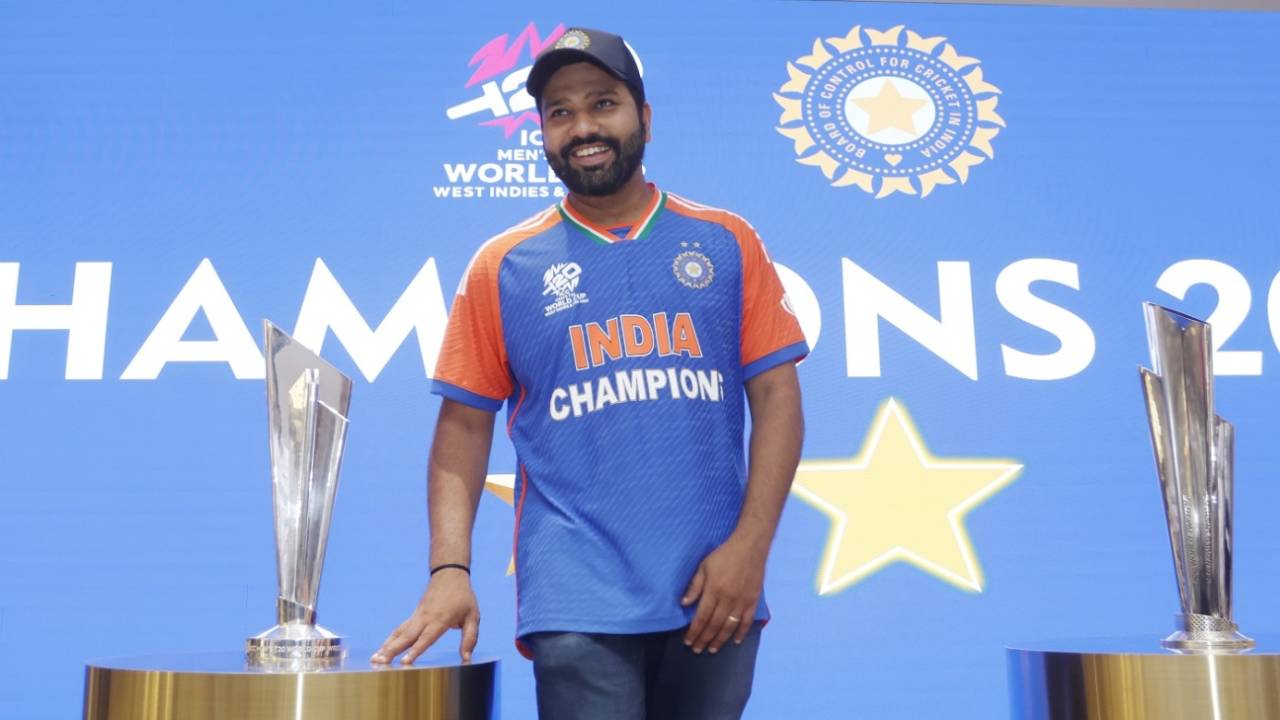 Rohit Sharma is all smiles with the World Cup trophy, Mumbai, July 4, 2024