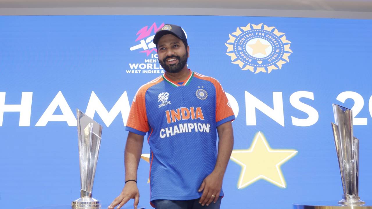 Rohit Sharma is all smiles with the World Cup trophy, Mumbai, July 4, 2024
