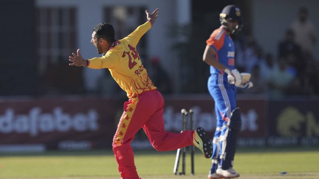 Sikandar Raza wheels away in celebration, Zimbabwe vs India, 1st T20I, Harare, July 6, 2024