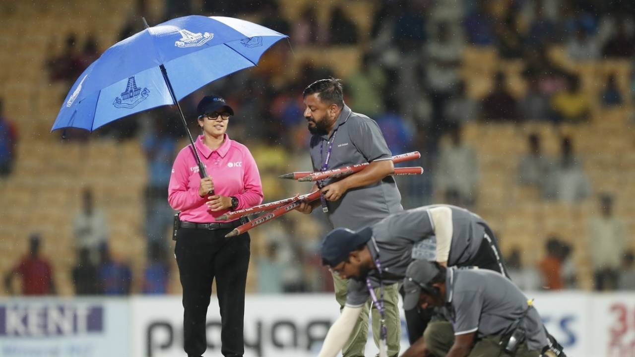 A steady drizzle delayed the start of the second innings, India vs South Africa, 2nd women's T20I, Chennai, July 7, 2024
