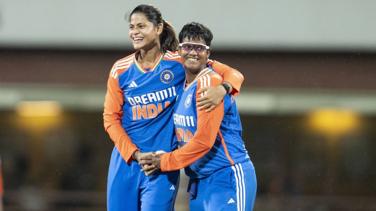 Deepti Sharma celebrates with Radha Yadav after dismissing Tazmin Brits, India vs South Africa, 2nd women's T20I, Chennai, July 7, 2024