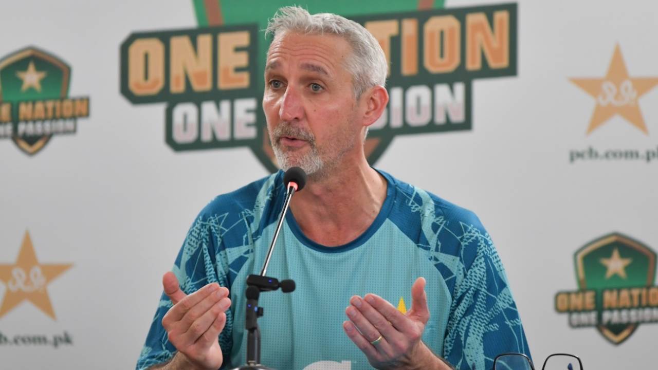 Pakistan's Test coach Jason Gillespie at a press conference, Karachi, July 7, 2024