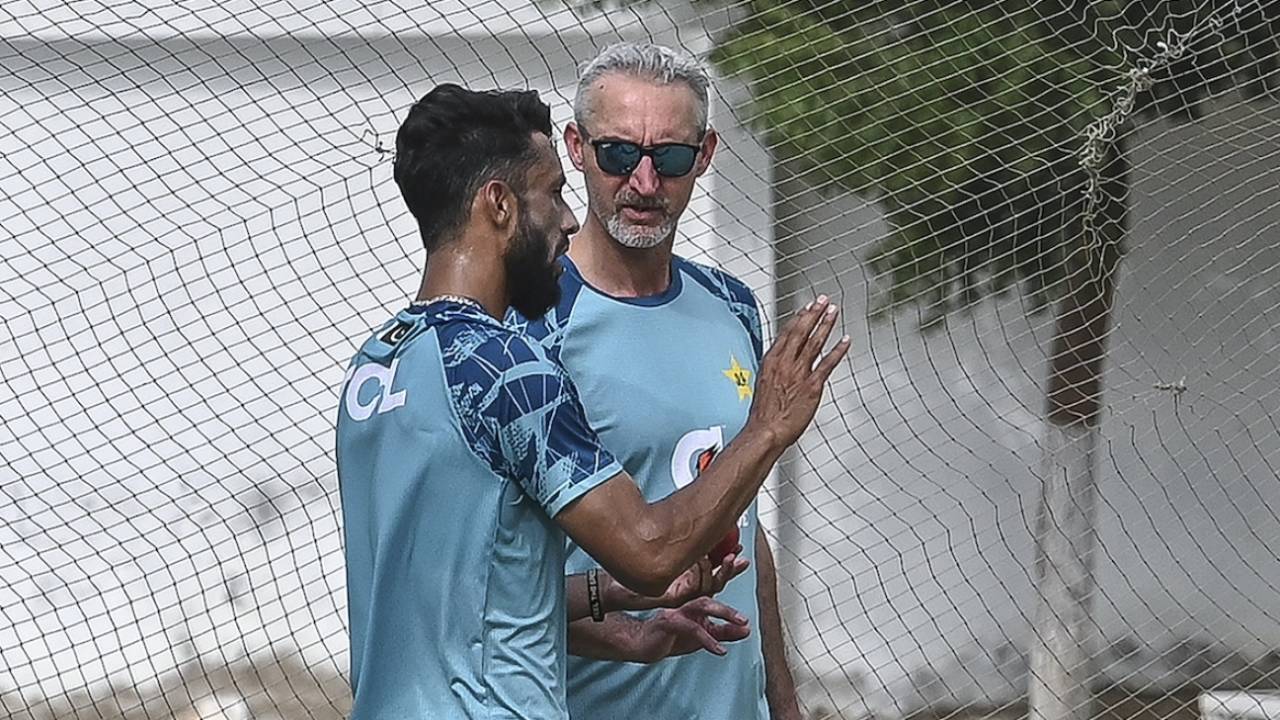 Pakistan's Test coach Jason Gillespie at a training session, Karachi, July 7, 2024